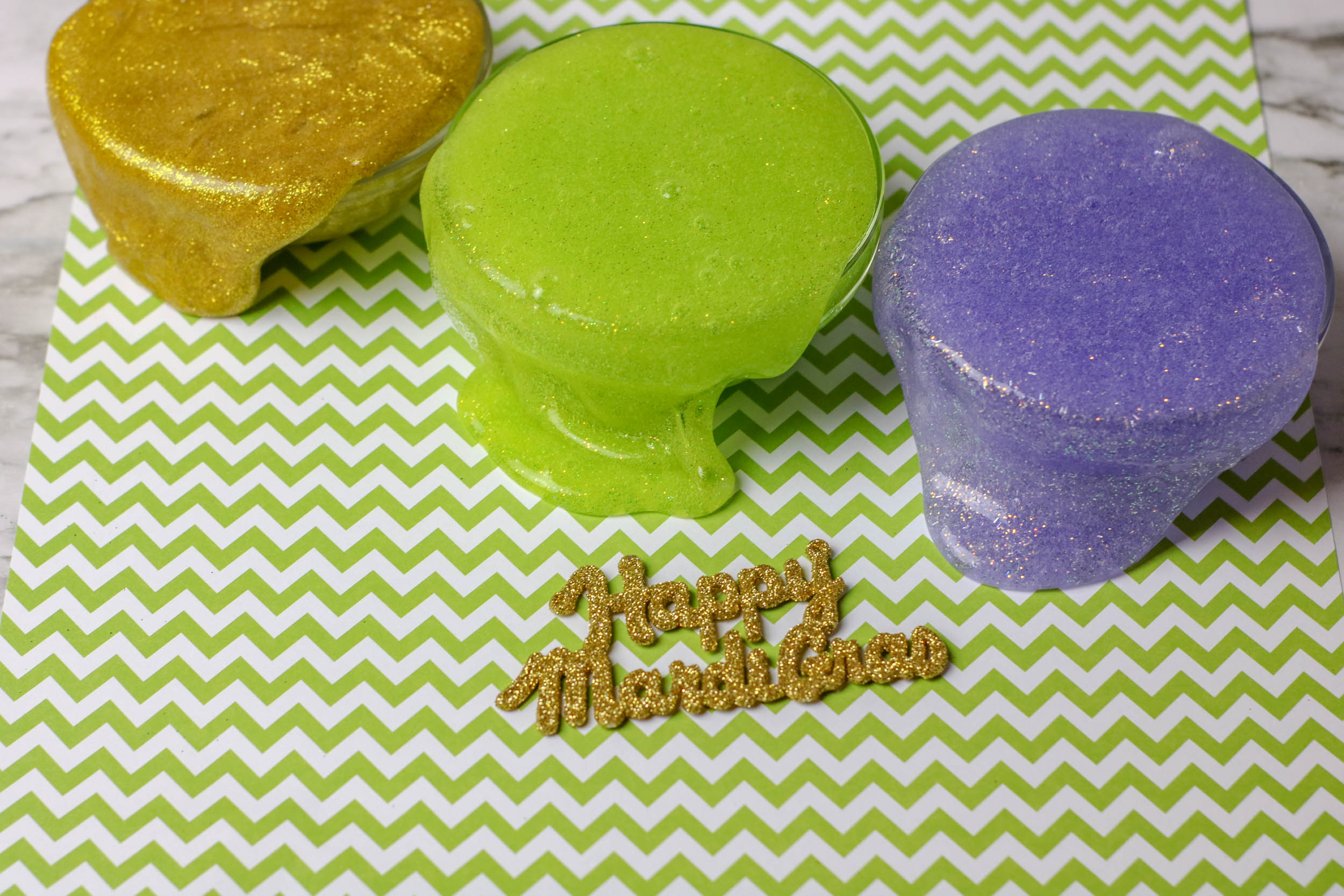 DIY Colorful Mardi Gras Slime in Gold, Green and Purple 4
